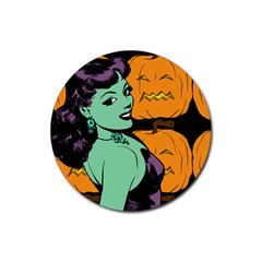 Zombie Retro Girl Black Rubber Round Coaster (4 Pack)  by snowwhitegirl