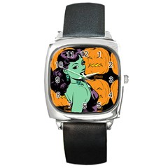 Zombie Retro Girl Black Square Metal Watch by snowwhitegirl