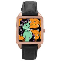 Zombie Retro Girl Black Rose Gold Leather Watch  by snowwhitegirl