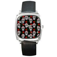 Skull Pattern Black Square Metal Watch by snowwhitegirl