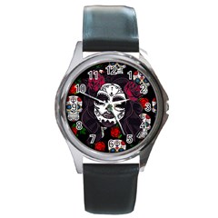 Mexican Skull Lady Round Metal Watch by snowwhitegirl