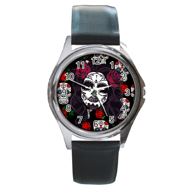 Mexican Skull Lady Round Metal Watch