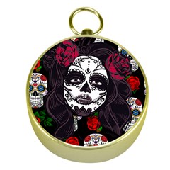 Mexican Skull Lady Gold Compasses by snowwhitegirl