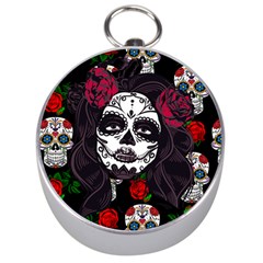 Mexican Skull Lady Silver Compasses by snowwhitegirl