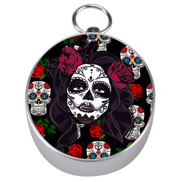 Mexican Skull Lady Silver Compasses