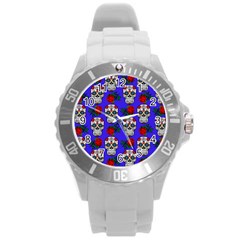 Skull Pattern Blue Round Plastic Sport Watch (L)