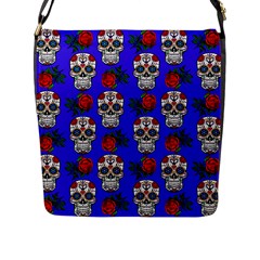 Skull Pattern Blue Flap Closure Messenger Bag (L)