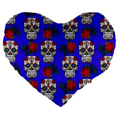 Skull Pattern Blue Large 19  Premium Flano Heart Shape Cushions