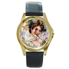 Victorian Lady Blue Floral Round Gold Metal Watch by snowwhitegirl