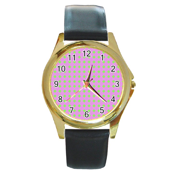 Pastel Mod Pink Green Circles Round Gold Metal Watch