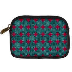 Mod Teal Red Circles Pattern Digital Camera Leather Case by BrightVibesDesign