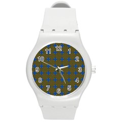 Mod Yellow Blue Circles Pattern Round Plastic Sport Watch (m) by BrightVibesDesign