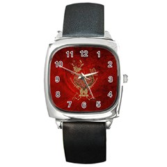 Wonderful Decorative Heart In Gold And Red Square Metal Watch by FantasyWorld7