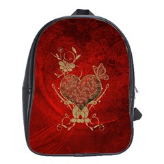 Wonderful Decorative Heart In Gold And Red School Bag (large) by FantasyWorld7