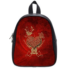 Wonderful Decorative Heart In Gold And Red School Bag (small) by FantasyWorld7