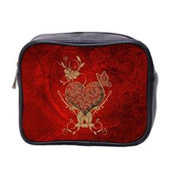 Wonderful Decorative Heart In Gold And Red Mini Toiletries Bag (two Sides) by FantasyWorld7