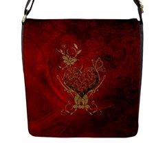 Wonderful Decorative Heart In Gold And Red Flap Closure Messenger Bag (l) by FantasyWorld7