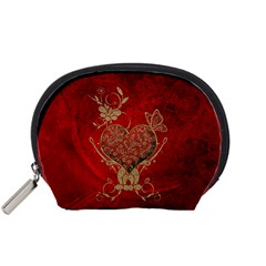 Wonderful Decorative Heart In Gold And Red Accessory Pouch (small) by FantasyWorld7