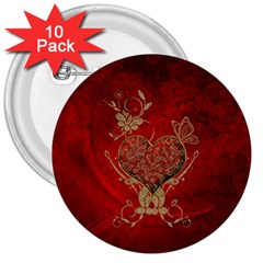 Wonderful Decorative Heart In Gold And Red 3  Buttons (10 Pack)  by FantasyWorld7