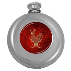 Wonderful Decorative Heart In Gold And Red Round Hip Flask (5 Oz) by FantasyWorld7