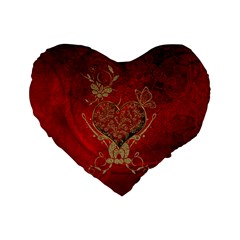 Wonderful Decorative Heart In Gold And Red Standard 16  Premium Flano Heart Shape Cushions by FantasyWorld7