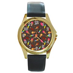 Ice Cream Pattern Seamless Round Gold Metal Watch