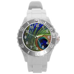 Peacock Feather Macro Peacock Bird Round Plastic Sport Watch (l) by Simbadda