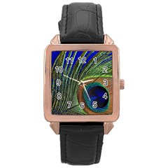 Peacock Feather Macro Peacock Bird Rose Gold Leather Watch  by Simbadda