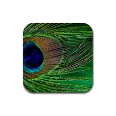 Peacock Feather Macro Peacock Bird Rubber Coaster (square)  by Simbadda