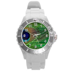 Peacock Feather Macro Peacock Bird Round Plastic Sport Watch (l) by Simbadda