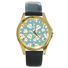 Cute Kawaii Popcorn Pattern Round Gold Metal Watch by Valentinaart