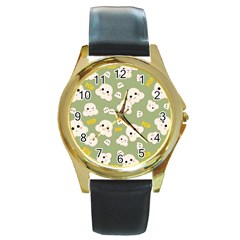 Cute Kawaii Popcorn Pattern Round Gold Metal Watch by Valentinaart