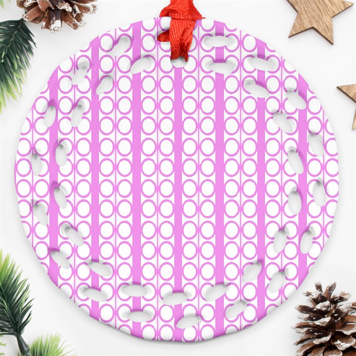 Circles Lines Light Pink White Pattern Round Filigree Ornament (Two Sides)