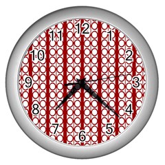 Circles Lines Red White Pattern Wall Clock (silver) by BrightVibesDesign