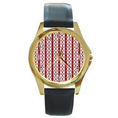 Circles Lines Red White Pattern Round Gold Metal Watch by BrightVibesDesign