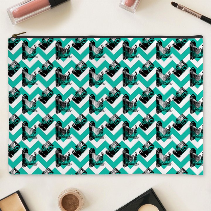 Vintage Camera Chevron Aqua Cosmetic Bag (XXXL)