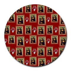 Mona Lisa Frame Pattern Red Round Mousepads by snowwhitegirl