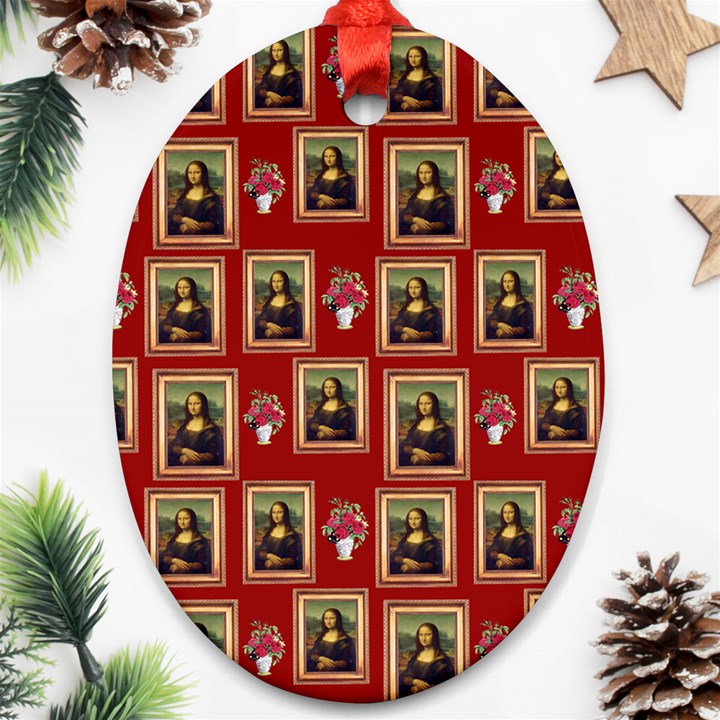 Mona Lisa Frame Pattern Red Ornament (Oval)