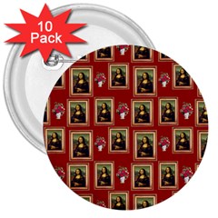 Mona Lisa Frame Pattern Red 3  Buttons (10 Pack)  by snowwhitegirl