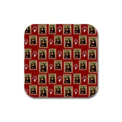 Mona Lisa Frame Pattern Red Rubber Square Coaster (4 Pack)  by snowwhitegirl