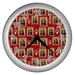 Mona Lisa Frame Pattern Red Wall Clock (silver) by snowwhitegirl