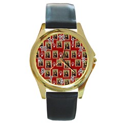 Mona Lisa Frame Pattern Red Round Gold Metal Watch by snowwhitegirl