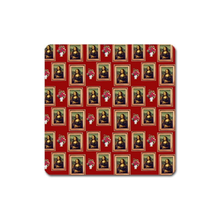 Mona Lisa Frame Pattern Red Square Magnet