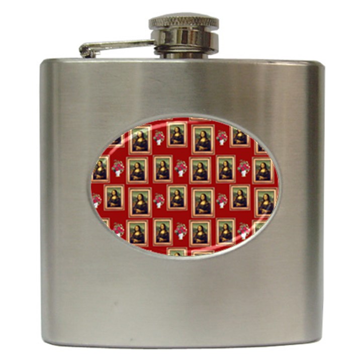 Mona Lisa Frame Pattern Red Hip Flask (6 oz)