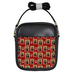 Mona Lisa Frame Pattern Red Girls Sling Bag by snowwhitegirl