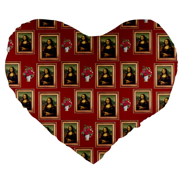 Mona Lisa Frame Pattern Red Large 19  Premium Heart Shape Cushions