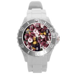 Mona Lisa Floral Black Round Plastic Sport Watch (L)