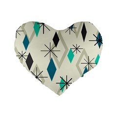 Atomic Era Diamonds (turquoise) Standard 16  Premium Flano Heart Shape Cushions by KayCordingly