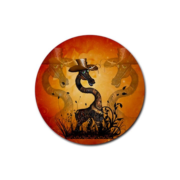 Funny Steampunk Giraffe With Hat Rubber Round Coaster (4 pack) 