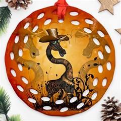 Funny Steampunk Giraffe With Hat Round Filigree Ornament (two Sides) by FantasyWorld7